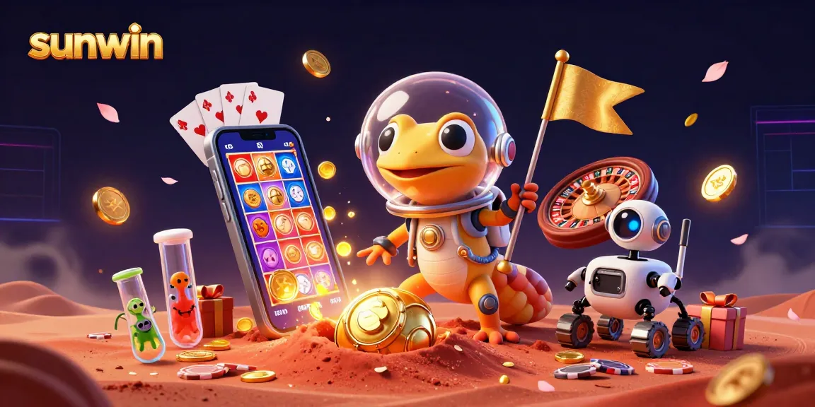 Engage with sunwin through a dynamic scene featuring a Martian gecko discovering a golden casino.