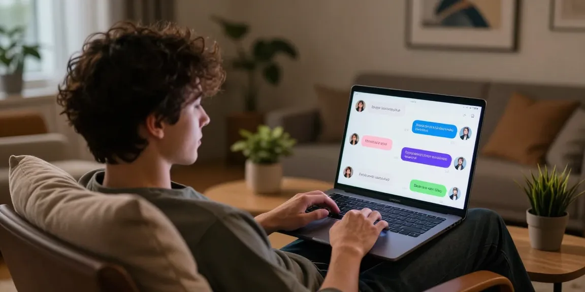 Engaging NSFW chat AI dialogue on a laptop in a cozy, inviting space.