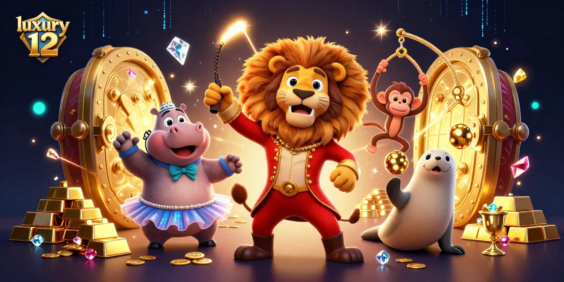 Bet on luxury 12 with thrilling circus characters surrounded by overflowing treasures.