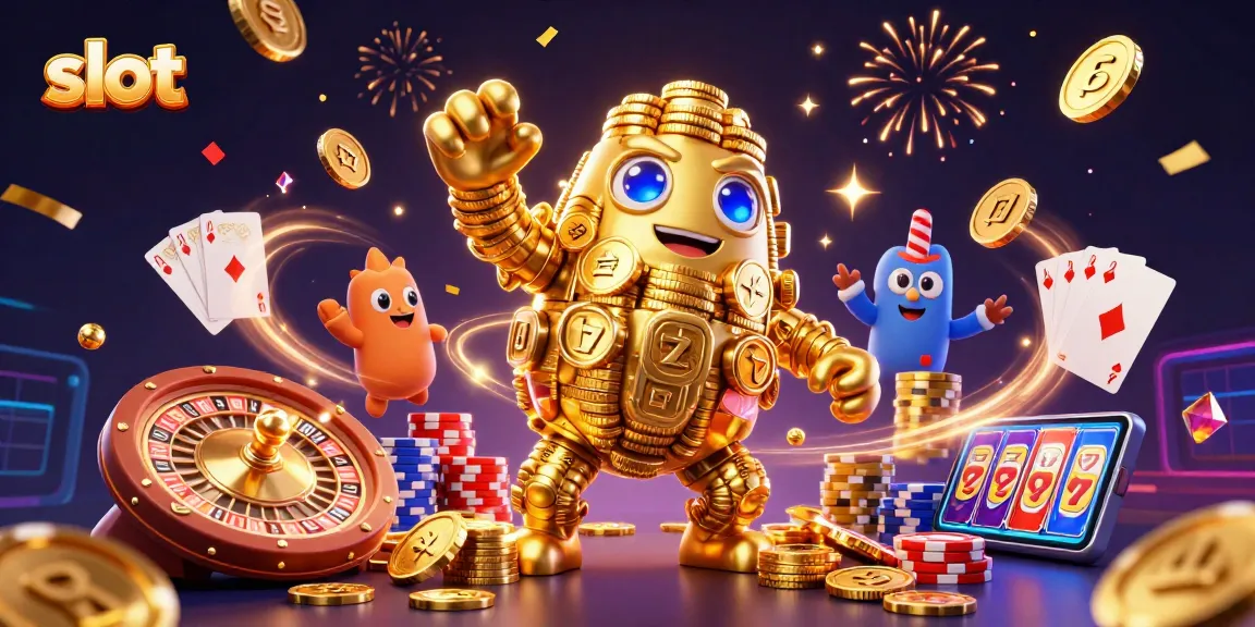 Spin the slot reels amidst cascading coins and vibrant casino elements in this animated illustration.