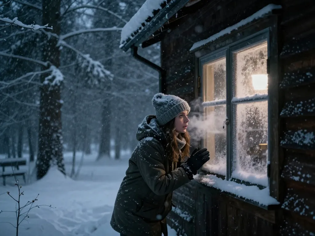 Woman lost in a snowstorm, seeking refuge at a cabin in Dead of Winter.