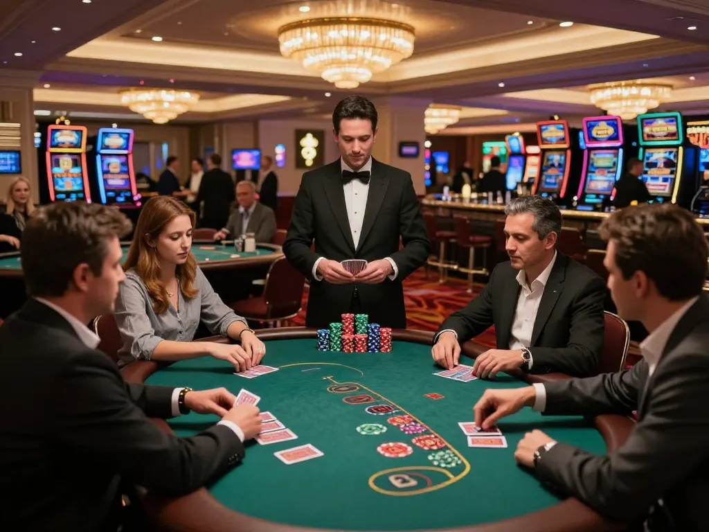 Playing blackjack at an upscale casino featuring RR88 SELECT with engaging atmosphere and vibrant lighting.