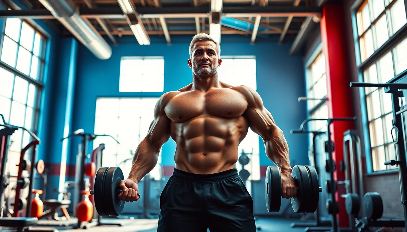 Highlighting muscle mass and longevity, a focused athlete in a vibrant gym setting lifts weights.