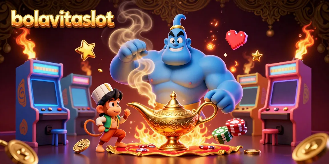 Spin to win with bolavitaslot as a genie bursts from a lamp, surrounded by casino-themed elements.