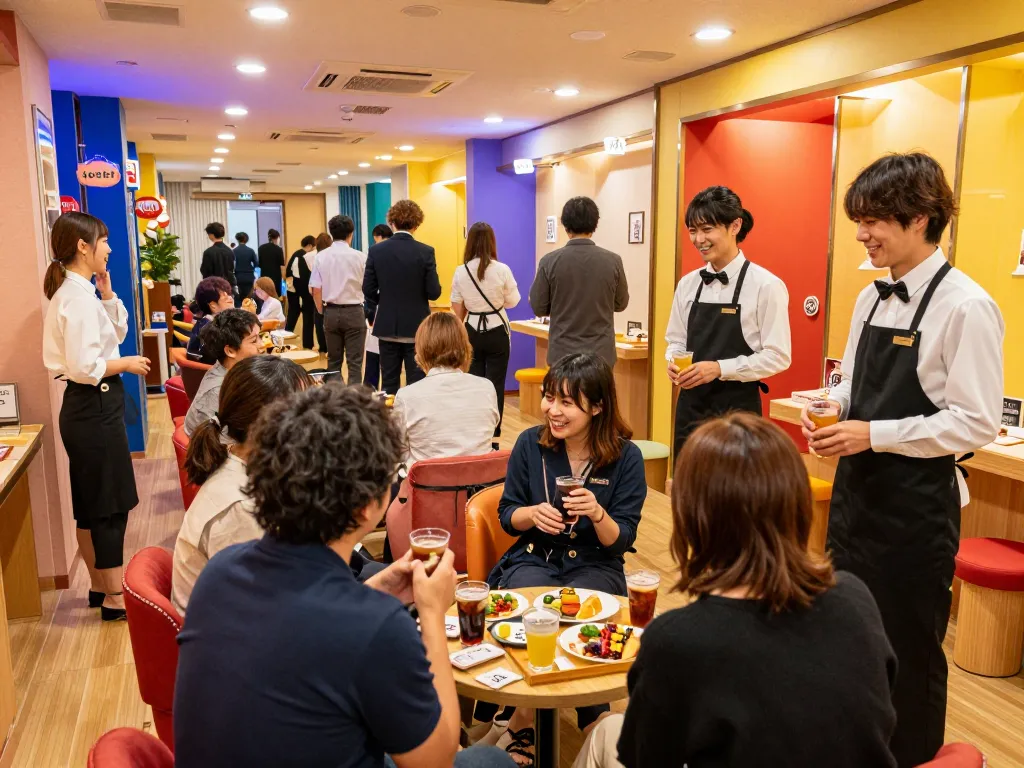 笑顔のスタッフや装飾が施された部屋、利用者が体験を楽しんでいる様子を特徴とした中洲ソープのおすすめを展示する魅力的な雰囲気。