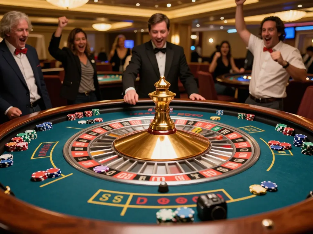 Experience dagelan4d alternatif roulette excitement at a vibrant casino table with players cheering.