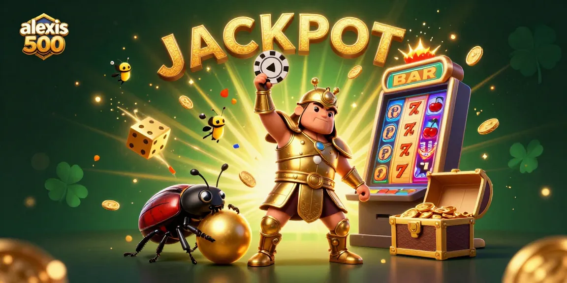 Experience excitement with alexis 500 as cartoon characters celebrate a casino jackpot in 3D.