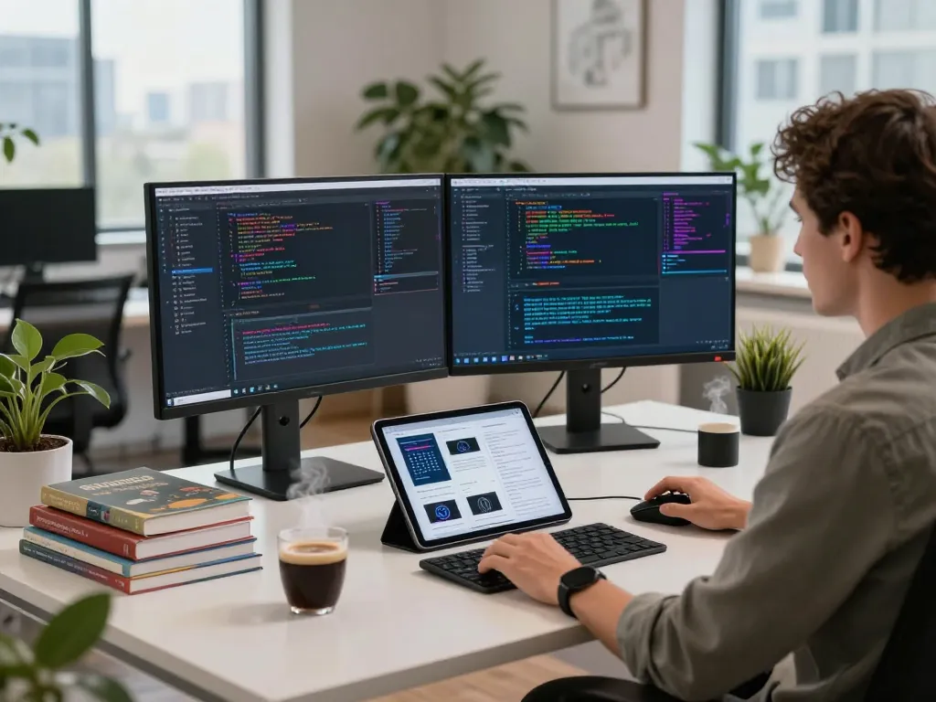 Developer coding at a modern workspace featuring openclaw interface on multiple monitors, showcasing innovative software solutions.