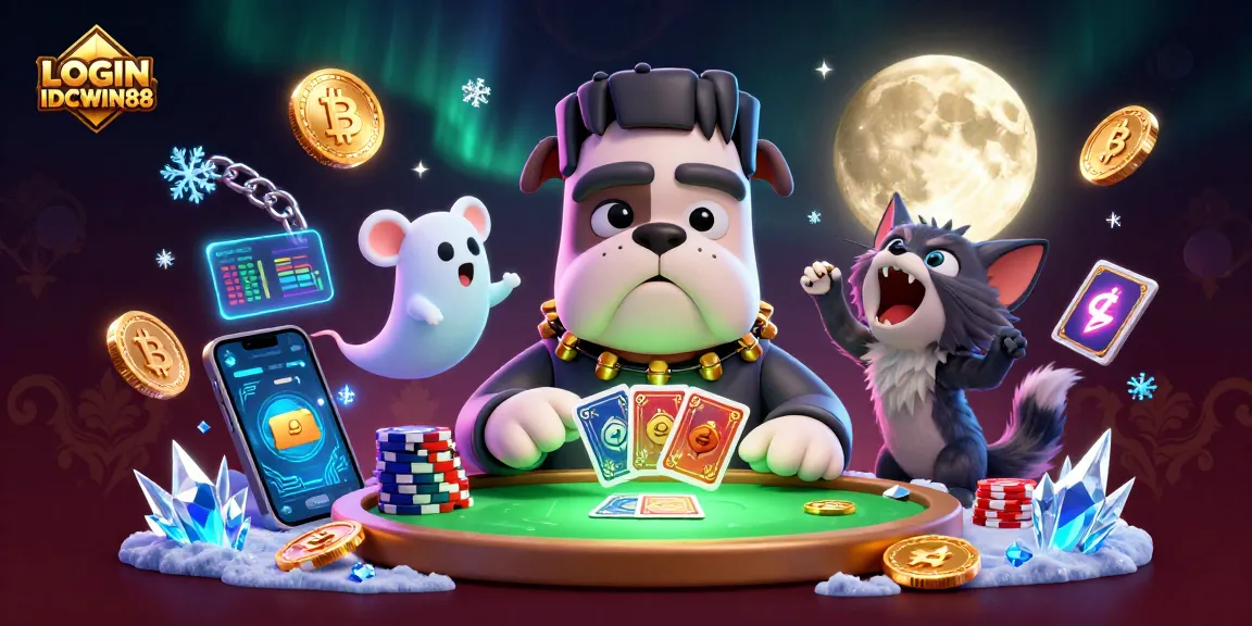 Experience LOGIN IDCWIN88 as a cartoon bulldog deals cards at a vibrant monster casino