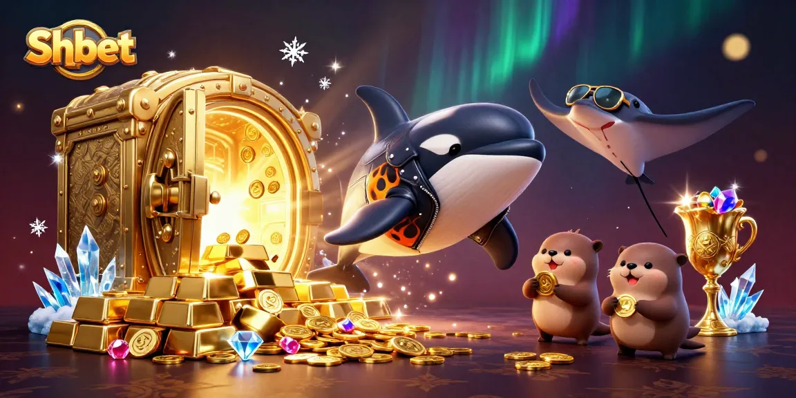 Experience Shbet's thrilling casino games with fun characters and sparkling treasures in this vibrant illustration.