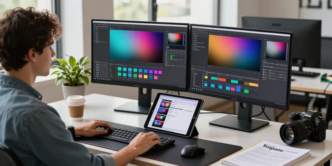 Efficient workspace with dual monitors displaying 截图软件下载 tools, showcasing screen capturing technology and editing features.