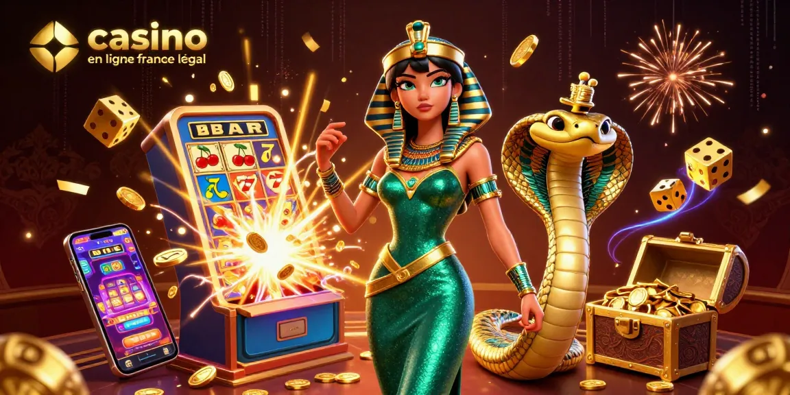 Découvrez le casino en ligne France légal avec une femme envoûtante et un cobra doré au milieu d'éléments de jeu vibrants.
