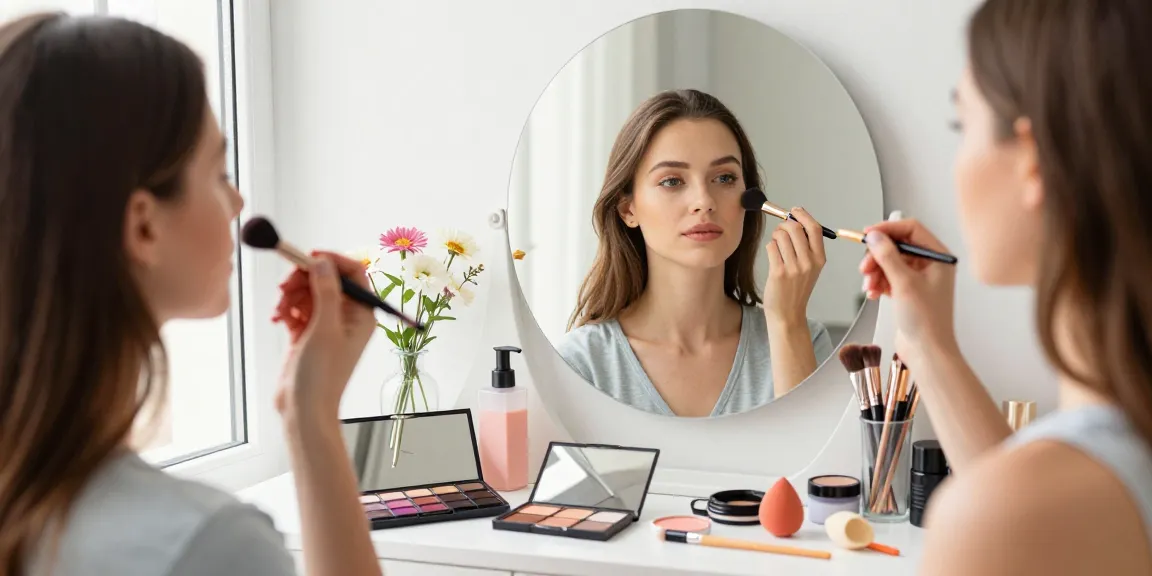 Applying concealer with an angled concealer brush in a beautifully arranged vanity.