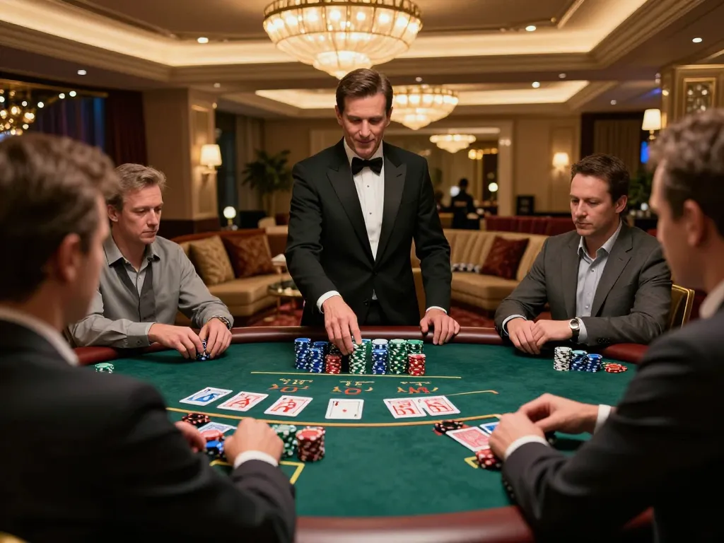Players at a luxury blackjack table at vk88 casino, focused on strategy and chips.