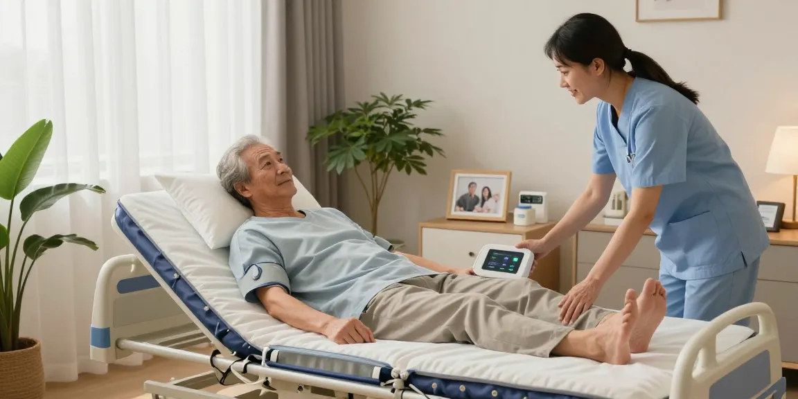 Comfortable 氣墊床褥 in a modern bedroom with a caregiver adjusting settings for elderly care.
