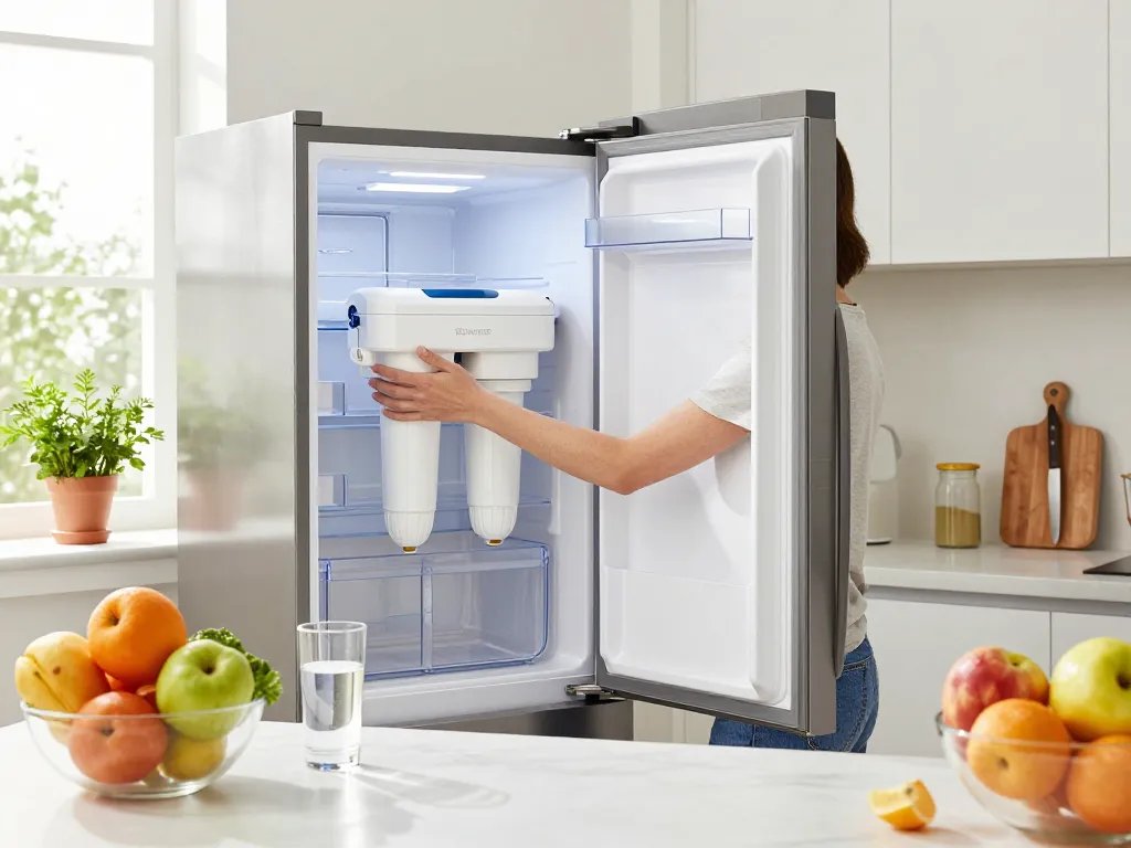 Person installing the Waterdrop 4396701 Replacement for Whirlpool® EDR6D1 filter in a modern kitchen with fresh fruits.