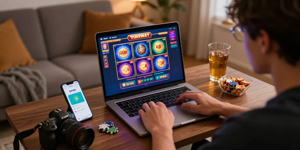 Engaged player enjoying slot deposit dana games on laptop with DANA app.