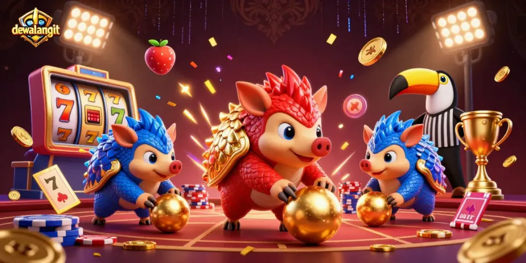 Permainan slot seru di dewalangit, dengan pangolin bersaing dan elemen berkilauan.