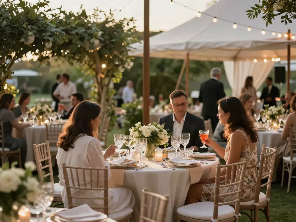 Event furniture rental setup featuring elegant dining arrangements and warm golden hour lighting.