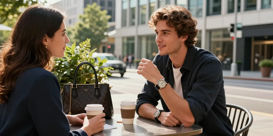 Stylish individual showcasing a luxury replica watch at an outdoor café.