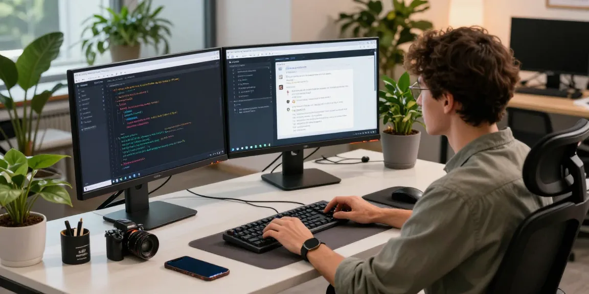 Engaged developer using 纸飞机中文版 in a modern tech workspace with dual monitors and ambient light.