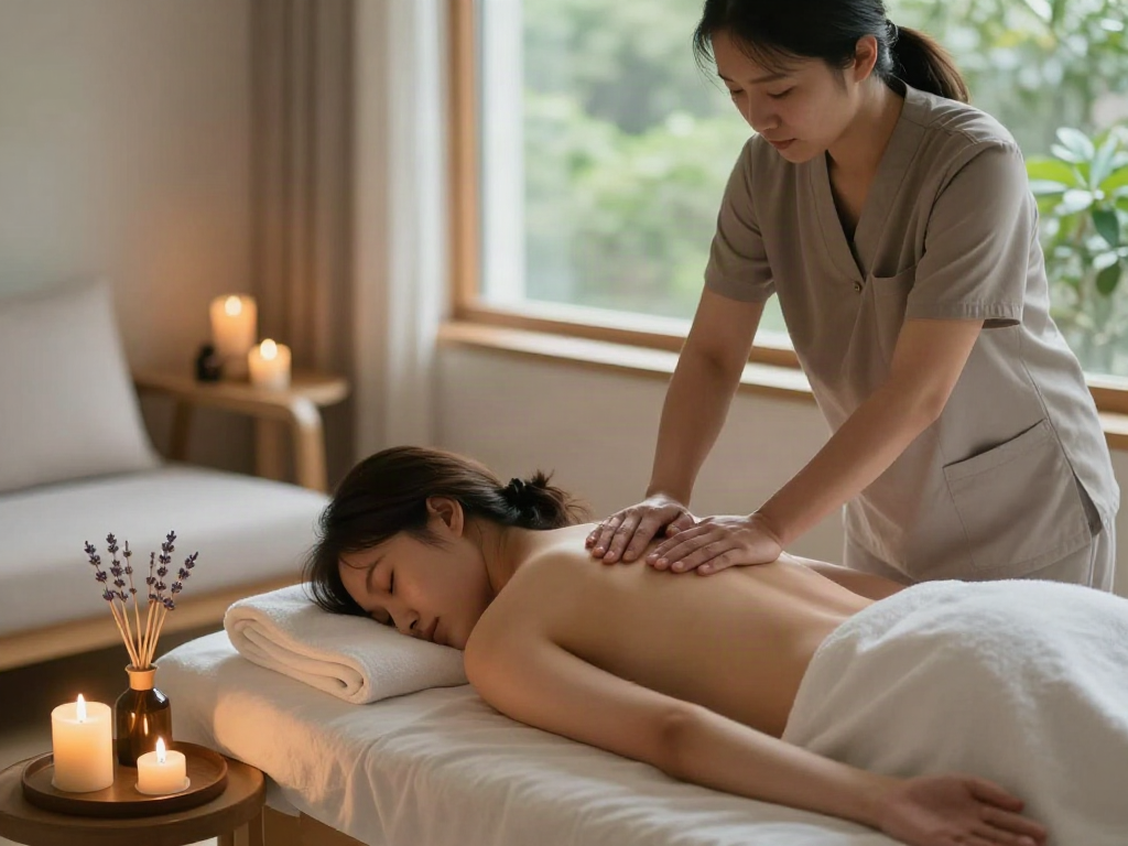 Experience tranquil 산본출장마사지 in a serene home environment with soothing candlelight and calming scents.