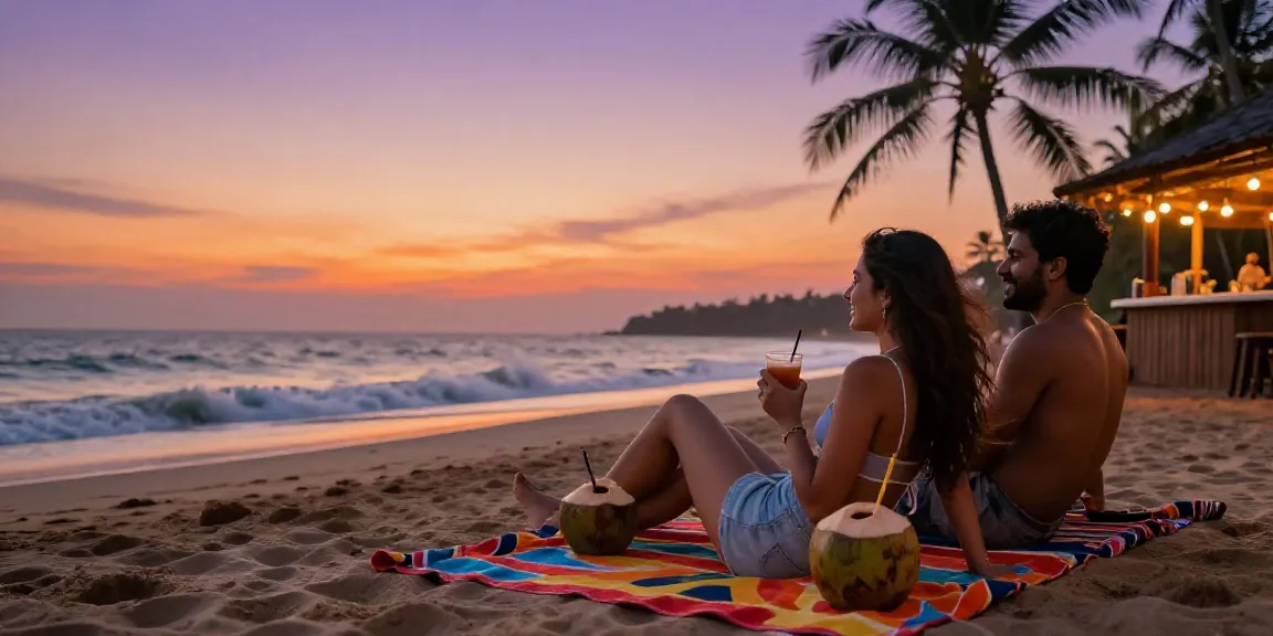 Goa escort enjoying a sunset beach moment with a couple, showcasing luxury and relaxation.
