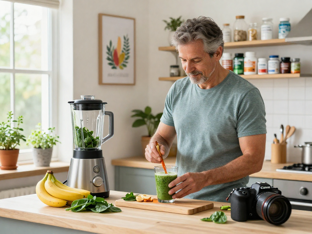 Microalgae astaxanthin smoothie preparation in a bright kitchen.