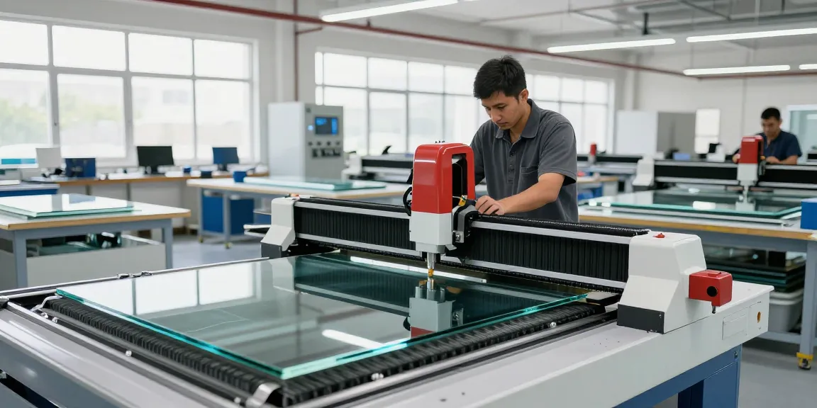 CNC glass cutting machine in action, showcasing precision cutting in a modern workshop environment