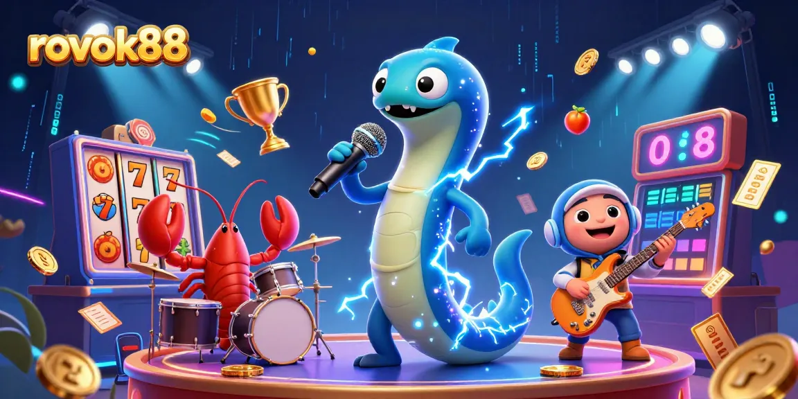 Experience the thrill of rokok88 with a dynamic underwater casino scene featuring an electric eel DJ and exciting game elements.