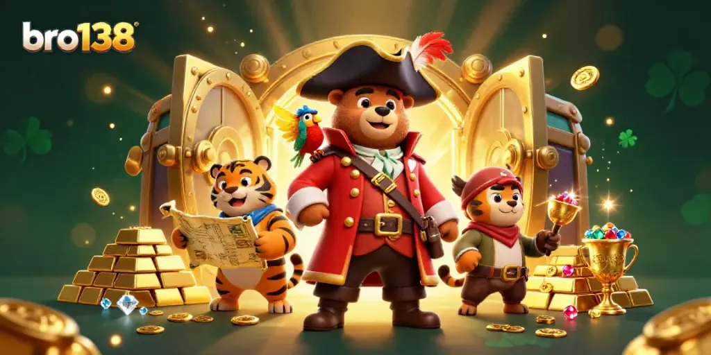 Experience the rich treasures of bro138 with a vibrant 3D illustration featuring pirate-themed characters and casino elements.
