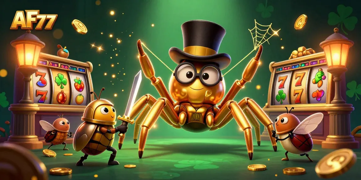 Experience thrilling slots at AF77 with a golden tarantula and brave beetle knight in action.