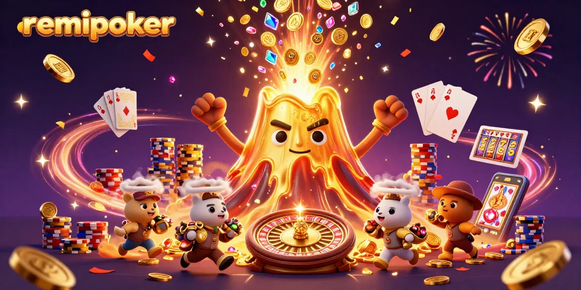 Experience thrilling gameplay with RemiPoker's golden volcano erupting coins and treasures.