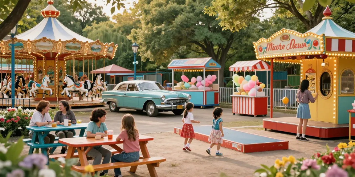 Children enjoying vintage attractions at rokok88-themed park with retro decor.