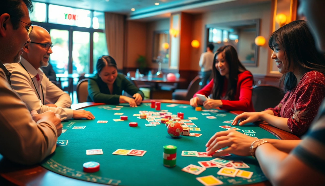 Engaged players enjoying yono rummy at a vibrant gaming table with colorful tokens.
