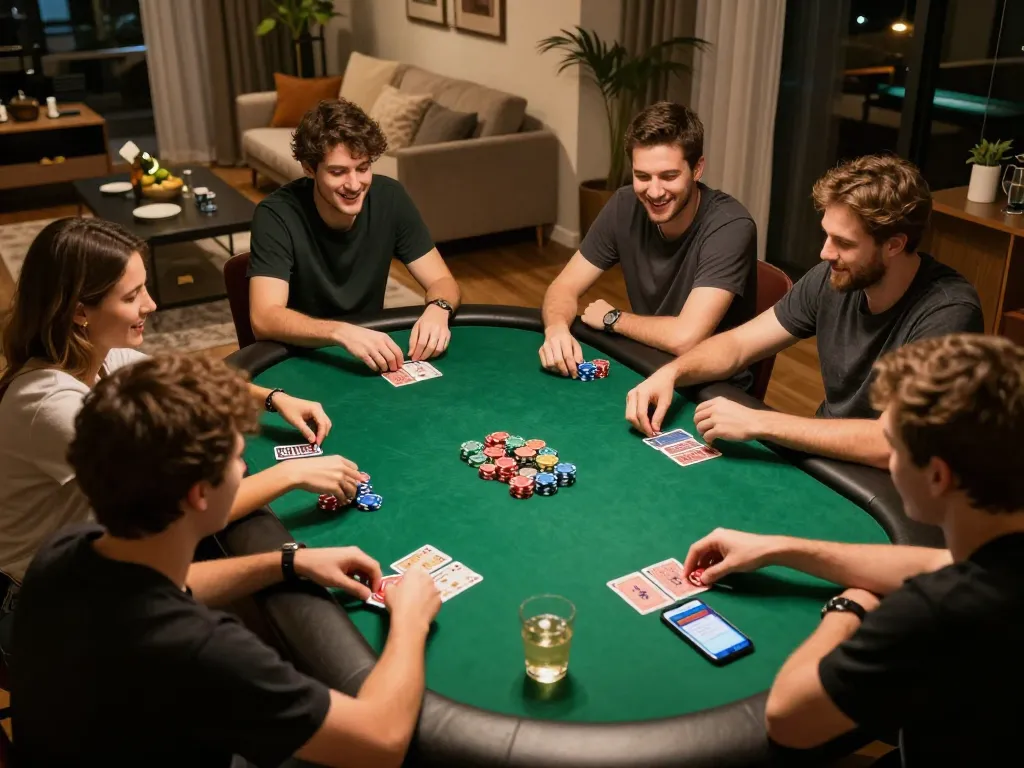 Participants enjoying a lively home poker game using the BK88 app on a smartphone, with chips and drinks present