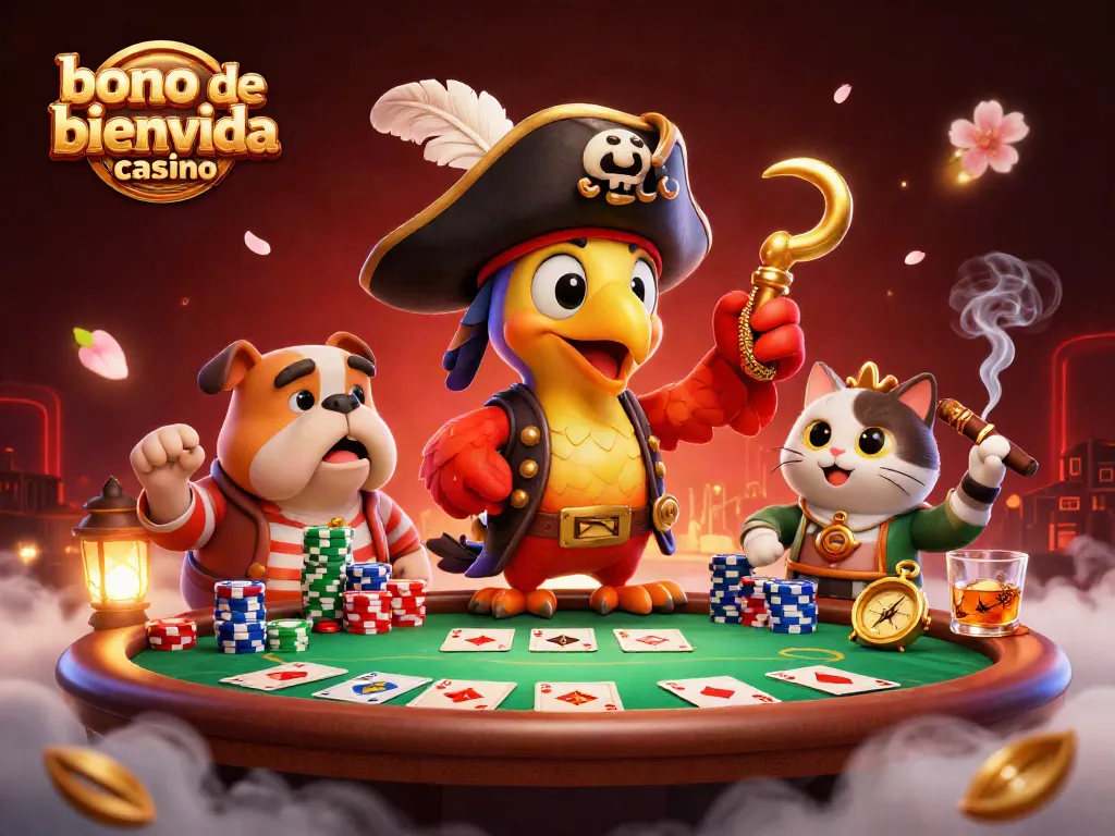 Bono de bienvenida casino: ilustración 3D de un capitán pirata, un bulldog y un gato jugando al póker.