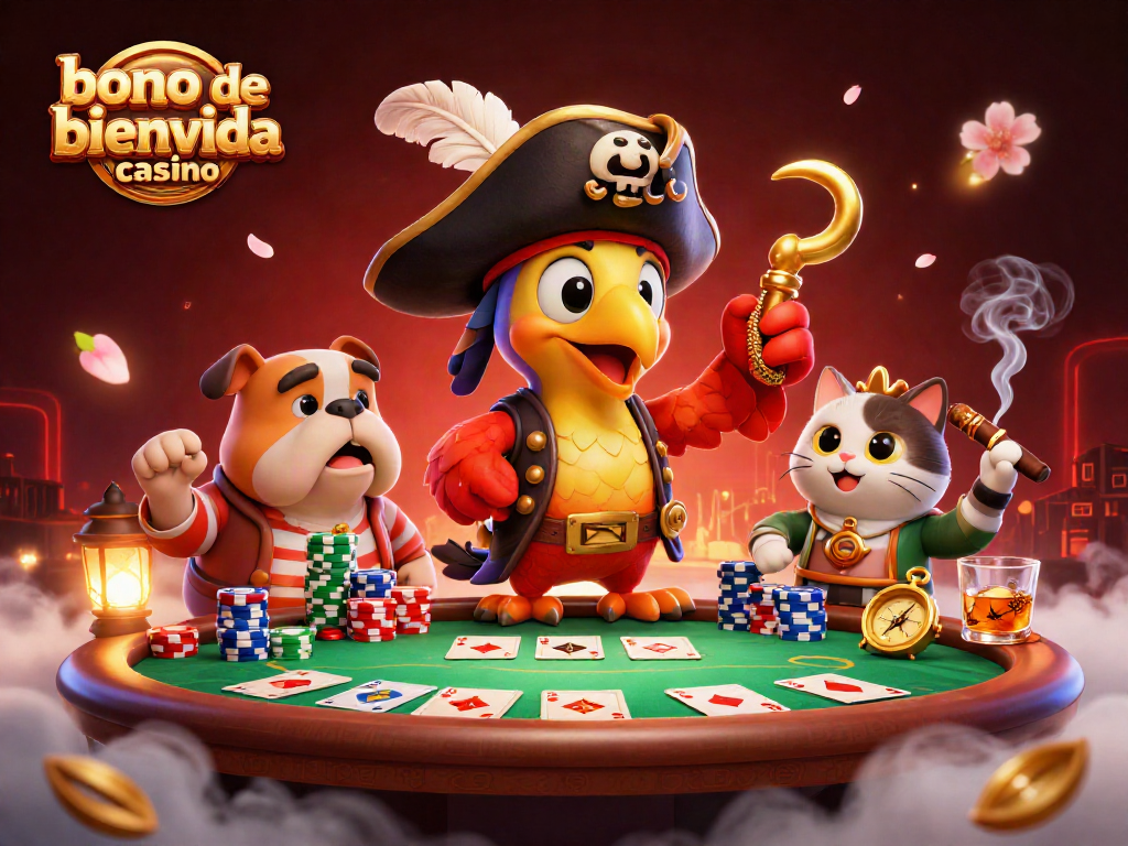 Bono de bienvenida casino: ilustración 3D de un capitán pirata, un bulldog y un gato jugando al póker.