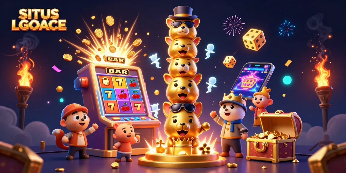 SITUS LGOACE showcases vibrant casino elements and a playful golden totem pole in a dynamic scene.