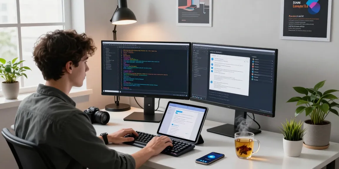 Developer coding on Telegram中文 interface in a modern workspace