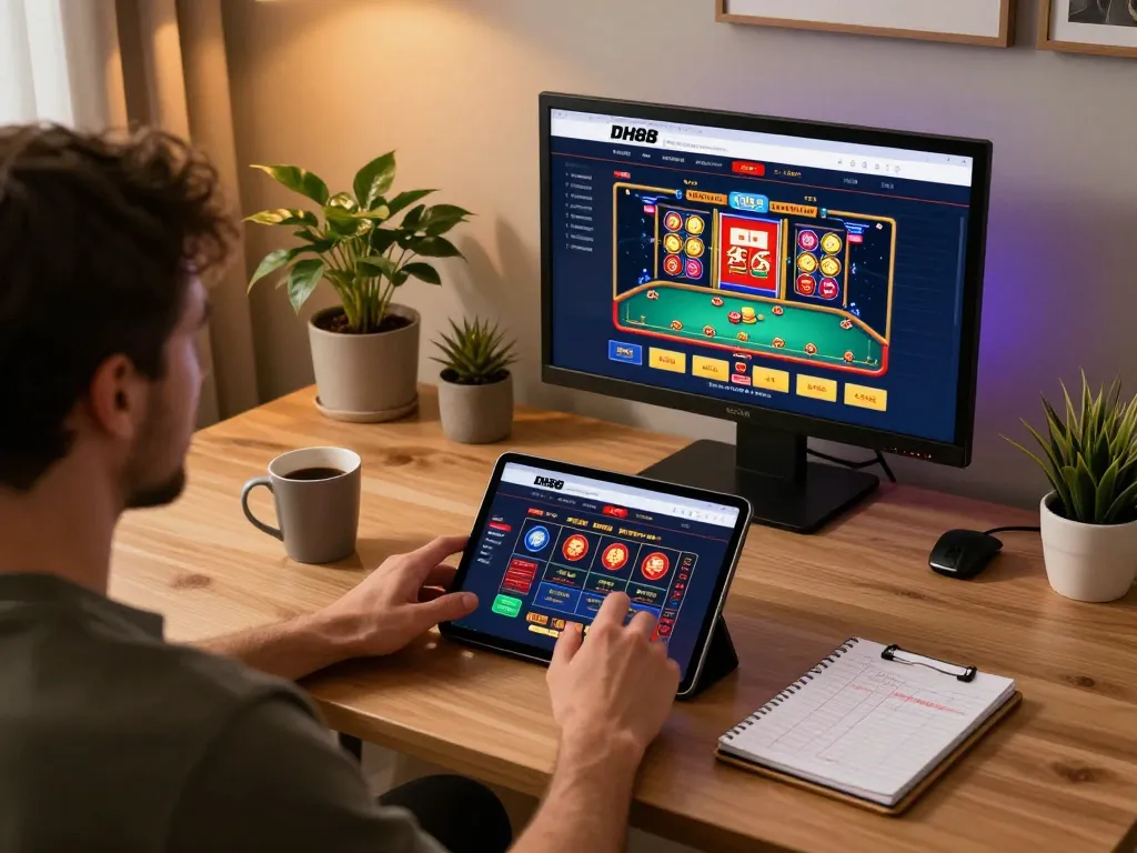 Player enjoying online casino action on DH88 platform using tablet in cozy home setting