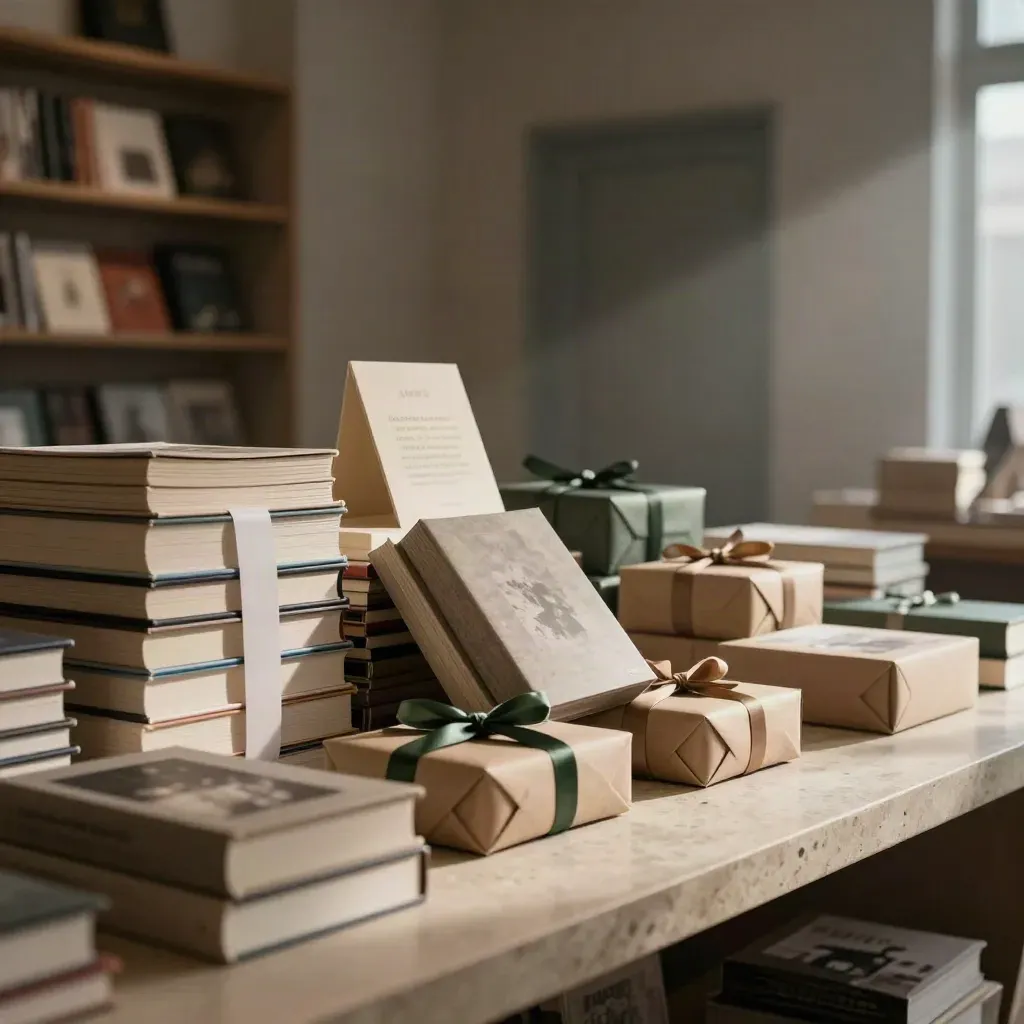 Leaning book stacks and wrapped gifts on a limestone table in a misty bookshop window
