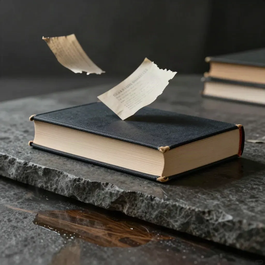 Closed paperback floating above wet slate with drifting paper scraps and moody studio light