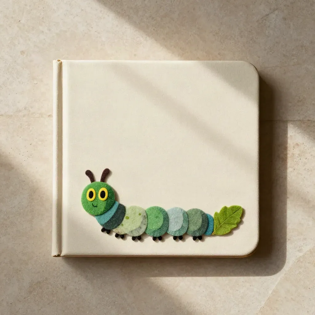 Top-down flat lay of a children's board book half-buried in cream muslin with a felt caterpillar.