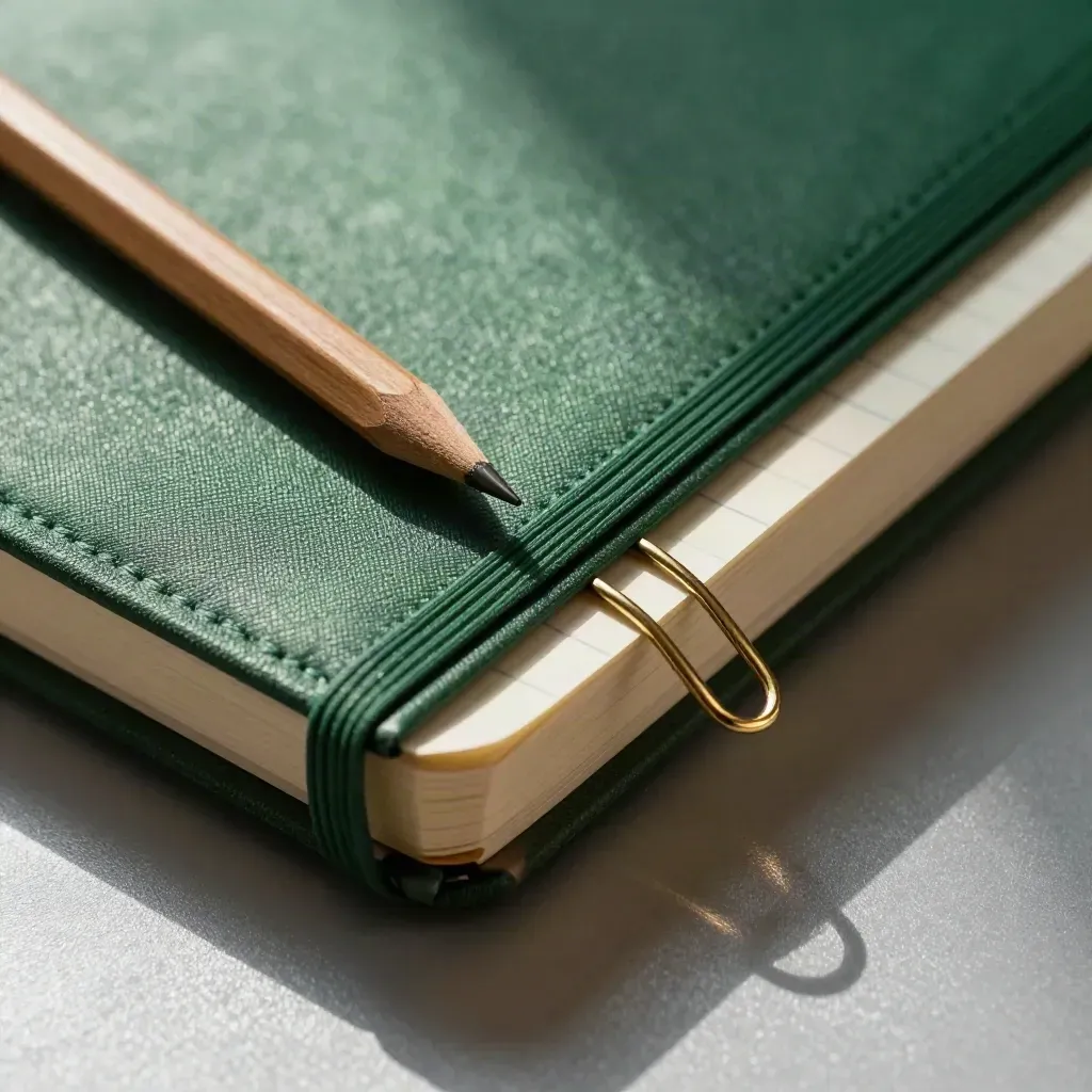 Forest-green notebook, pencil and brass clip in a tight macro still life on pewter.