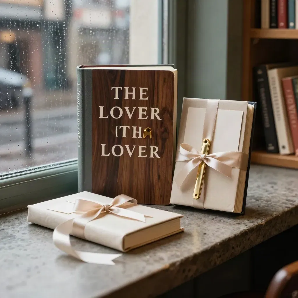 Book Lover Gift Set with hardback, notebook, brass bookmark and cream wrap on a stone counter