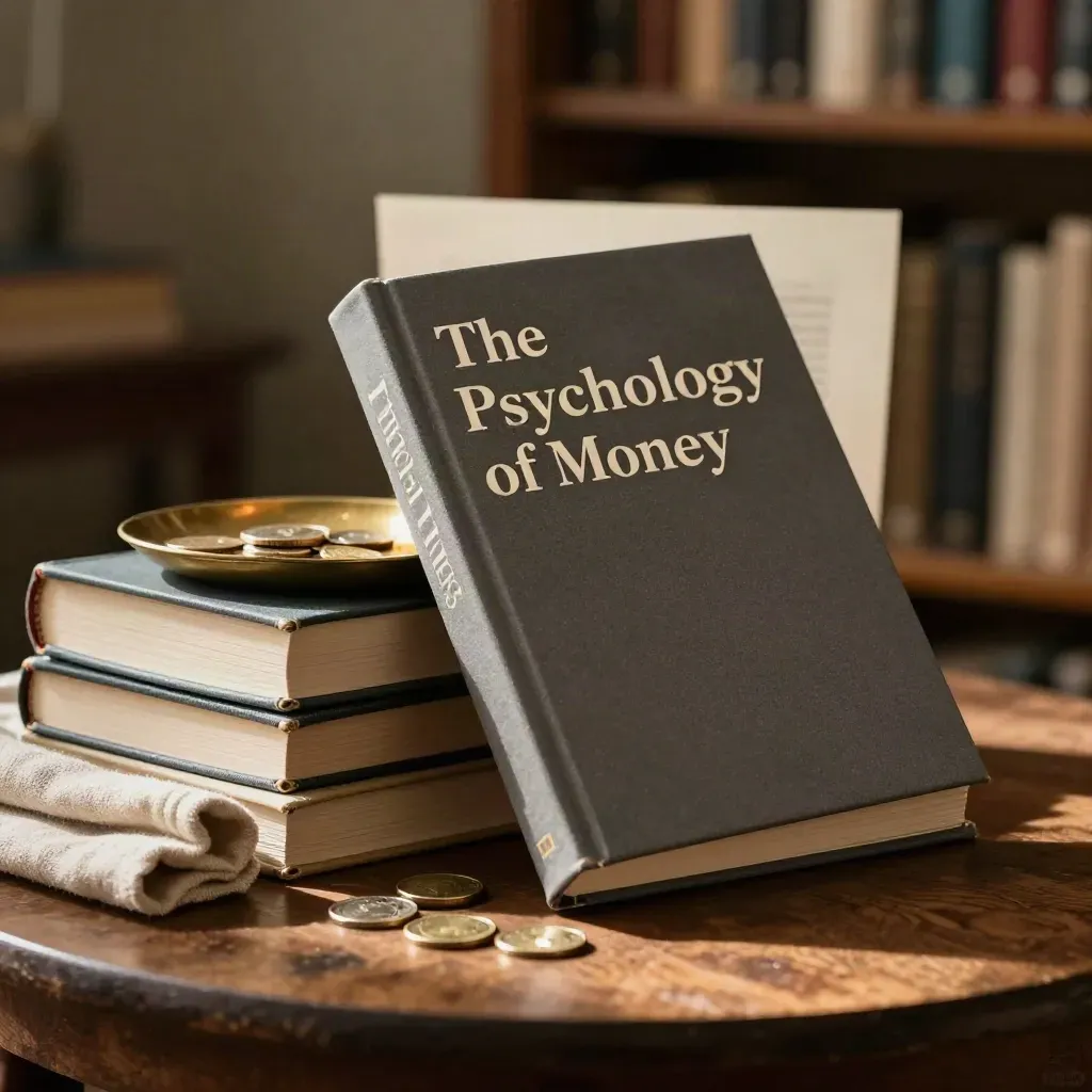 Hardcover money book with brass coins and linen on a walnut table in a bookshop nook.