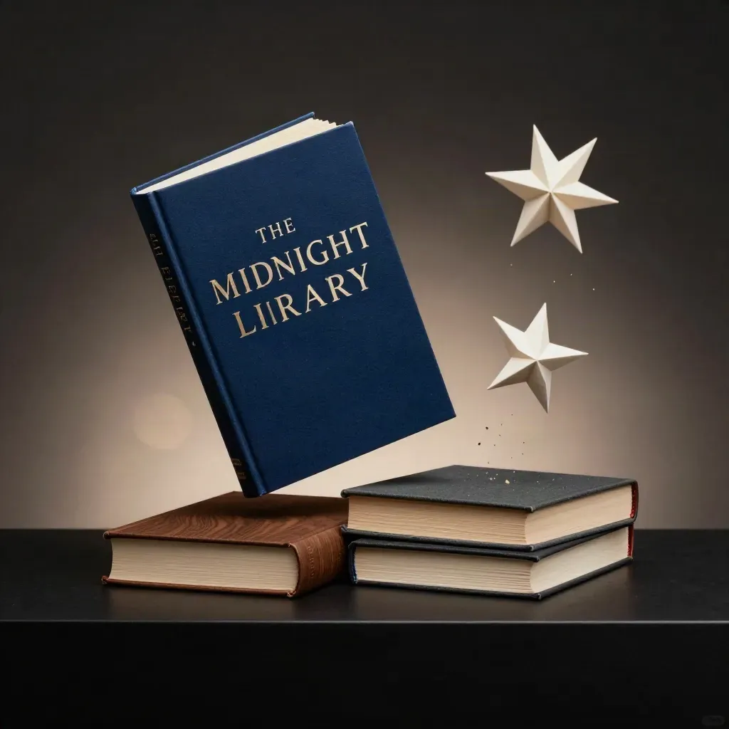 Floating indigo paperback with paper star, stacked books and dark studio haze
