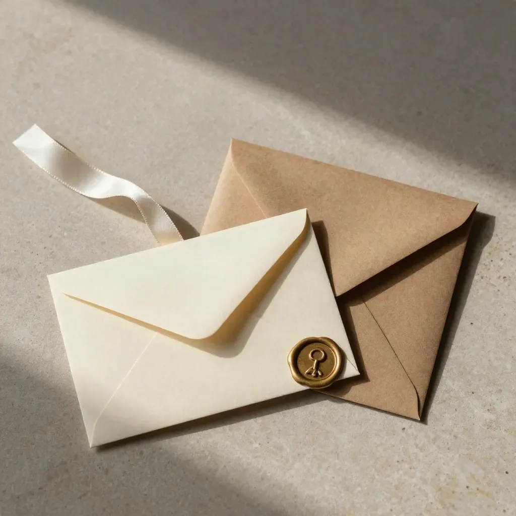 Overhead flat lay of a blank gift card, cream envelope, ribbon, parcel and wax seal on pale stone.
