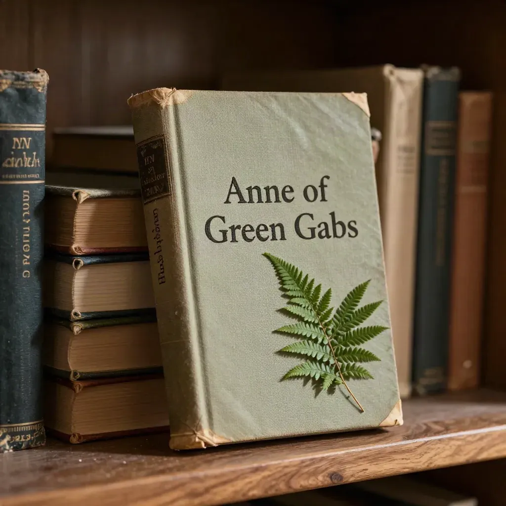 Vintage Anne of Green Gables with pressed fern leaning on old books in warm studio light.
